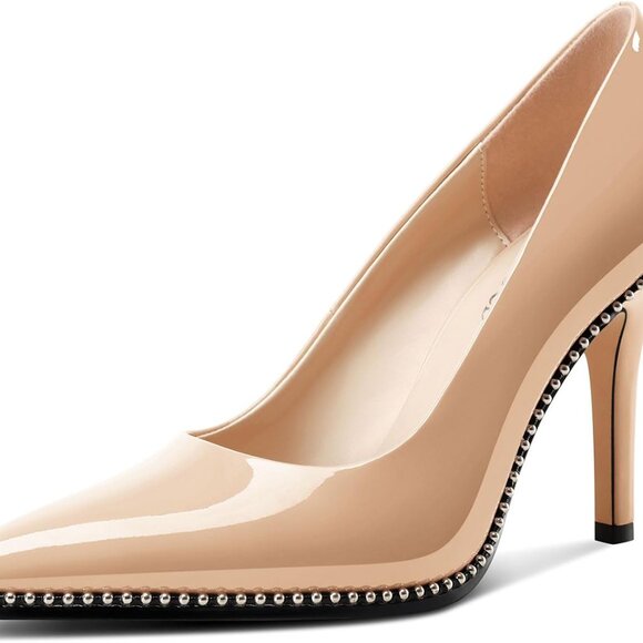 Women's Pointed Toe Pumps Synthetic 3.5 Inch Mid Heel Beaded Dress Shoes - Picture 1 of 5